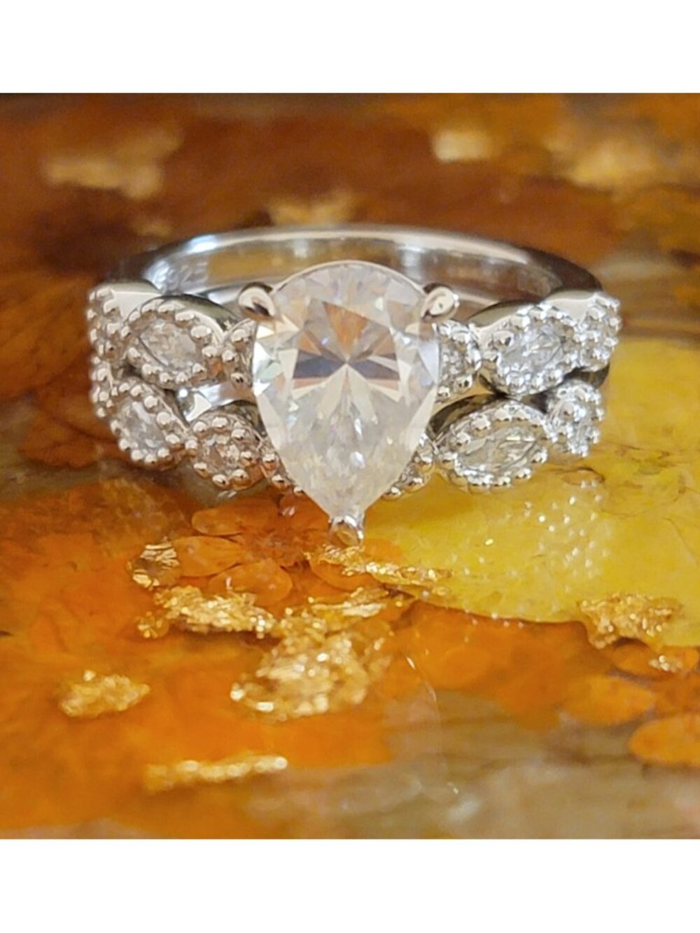 3.46cttw Pear Cut Moissanite Ring Set 925 Silver Size 7.5 NWT